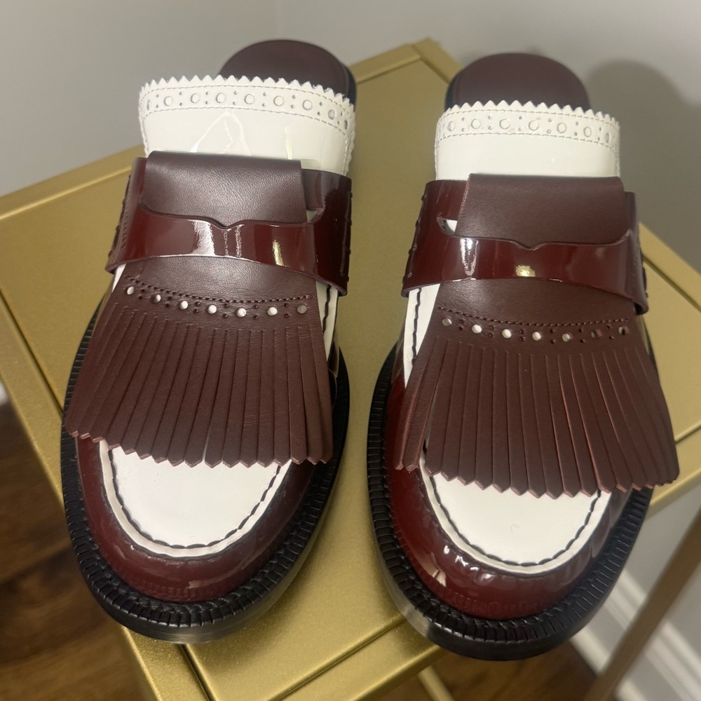 Burberry Beckshill fringe mules size 37.5. NWT. Burgundy & white. New in box.
